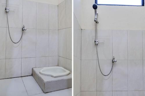 two pictures of a bathroom with a shower and a toilet at SPOT ON 91797 Mutiara Guest House in Karawang