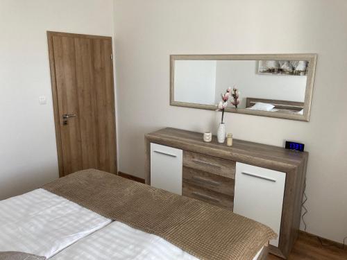 ein Schlafzimmer mit einem Bett und eine Kommode mit einem Spiegel in der Unterkunft Apartmany Rubin Nesvady in Nesvady