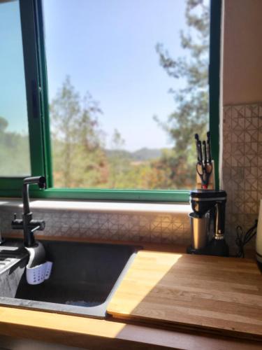 a kitchen counter with a sink and a window at ThePlatres.Nest in Platres