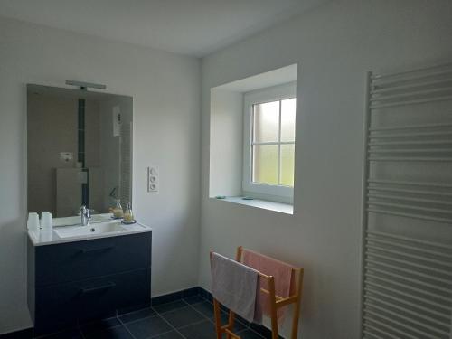 La salle de bains est pourvue d'un lavabo et d'un miroir. dans l'établissement Au Mont & Merveilles, à Sartilly
