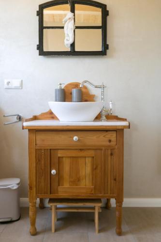 a bathroom sink on a wooden vanity with a mirror at Ferienhof-Eiderdeich Wohnung Hertha in Delve