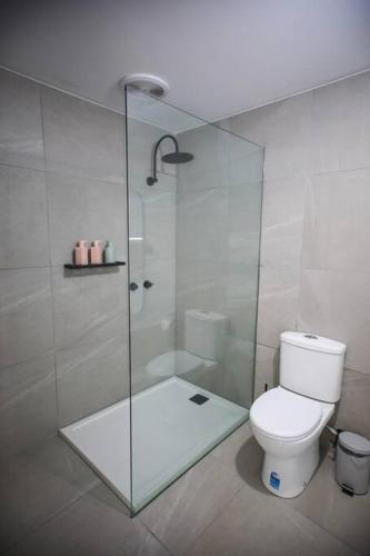 a bathroom with a glass shower and a toilet at The Hangout KING BEDS Hammock Chairs with a View in Port Campbell