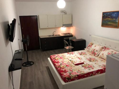 a small room with a bed and a kitchen at White Apartment in Golem