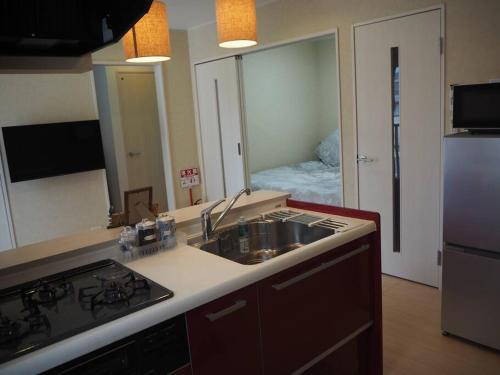 a kitchen with a sink and a kitchen with a bed at Harbour Inn & Suites 202 in Niigata