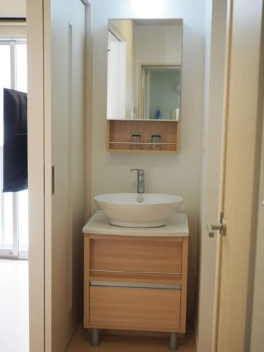 a bathroom with a sink and a mirror at Harbour Inn & Suites 202 in Niigata