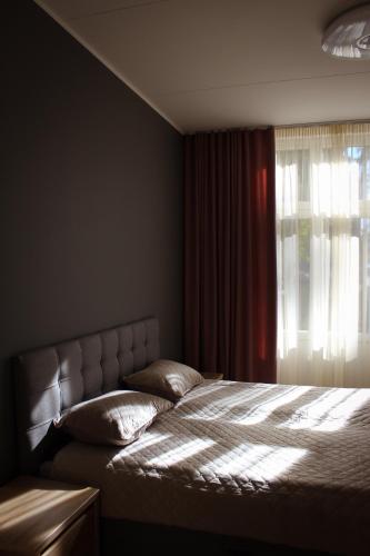 a bedroom with a large bed with a window at Emajõe Keeltekool Apartment in Tartu