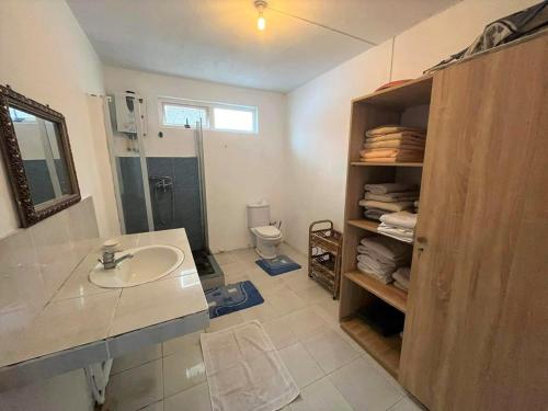 a bathroom with a sink and a shower and a toilet at Chaleureuse maison située a 1 minute de la plage in Le Morne