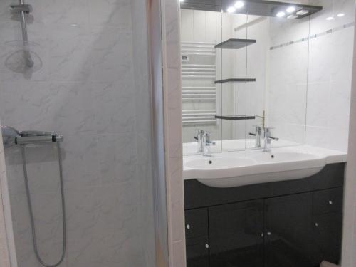 une salle de bain blanche avec un lavabo et une douche dans l'établissement Le lac, la neige,la vue, à La Tour-dʼAuvergne