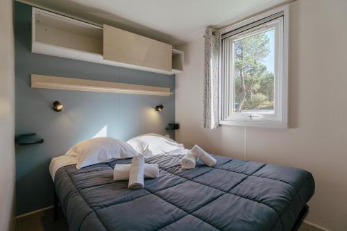 una camera da letto con letto, cuscini e finestra di VVF Pointe Bretagne, Argol ad Argol