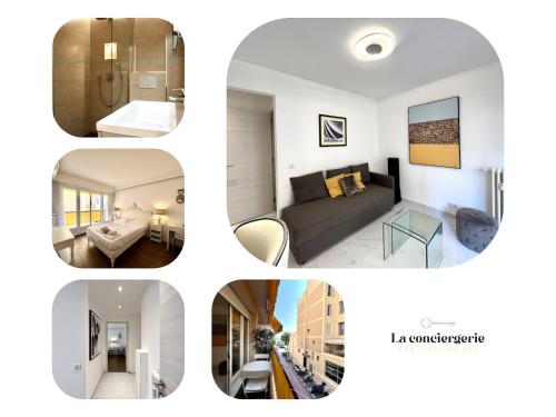 eine Collage mit Fotos eines Hotelzimmers in der Unterkunft "La Résidence du Casino" Plein centre, Accès Mer in Menton
