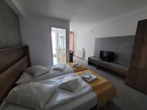 1 dormitorio con 1 cama grande y TV en Hotel City Center en Braşov