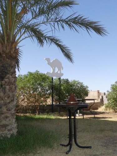 a cat statue sitting on a table next to a tree at Dar Diafa Chez Anaam in Er Rachidia