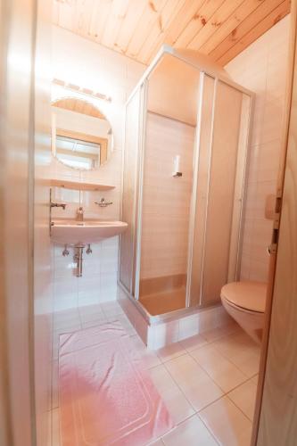 a bathroom with a shower and a sink at Dandler - Zimmer und Ferienwohnungen in Fieberbrunn
