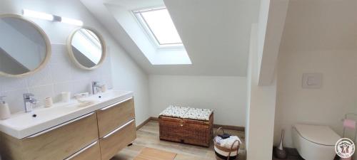 a bathroom with a sink and a mirror and a toilet at AU FIL DE L'EAU in Milly-sur-Thérain