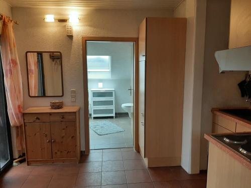 uma casa de banho com um WC, um lavatório e um espelho. em Ferienwohnung Evangeline Borsch em Zell an der Mosel