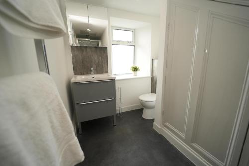 a bathroom with a toilet and a sink and a window at Immaculate 1-Bed Apartment in Merthyr Tydfil in Merthyr Tydfil