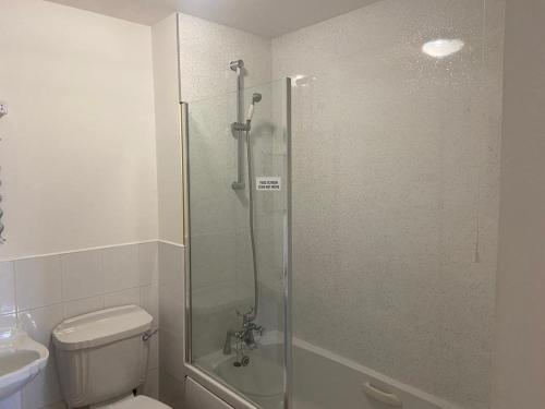 ein Bad mit einer Dusche, einem WC und einem Waschbecken in der Unterkunft Portrush Penthouse Stunning Harbour & Atlantic Views only 2 mins walk to Harbour & Ramore in Portrush