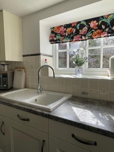a kitchen with a sink and a window at Selwood Cottage Annex in Frome