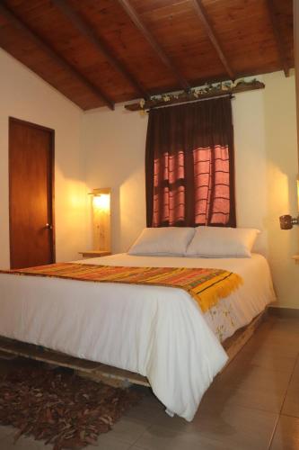 a bedroom with a large bed with a window at Finca la Mariposa, Santa Elena in Santa Elena