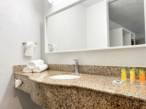 a bathroom counter with a sink and a mirror at Oneway Savannah in Savannah