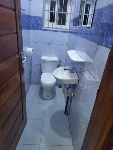 La petite salle de bains est pourvue de toilettes et d'un lavabo. dans l'établissement MERRY LAND, à Cotonou