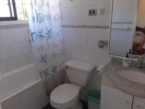 La salle de bains est pourvue de toilettes, d'un lavabo et d'un rideau de douche. dans l'établissement Linda casa con piscina en el quisco., à El Quisco