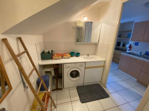 une petite cuisine avec une machine à laver et un évier dans l'établissement Les Platanes - Cézanne Rez de Jardin, à Lamalou-les-Bains