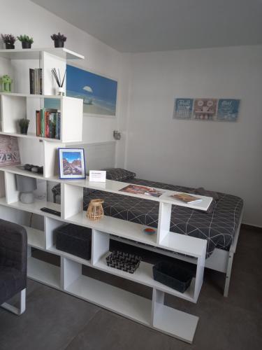 コラレホにあるEstudio Coriandolo WiFi fibraのベッドと本棚付きの部屋