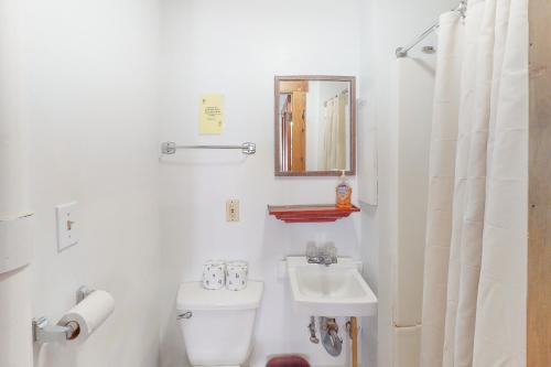 a bathroom with a sink and a toilet and a mirror at Sebago Suite in Standish