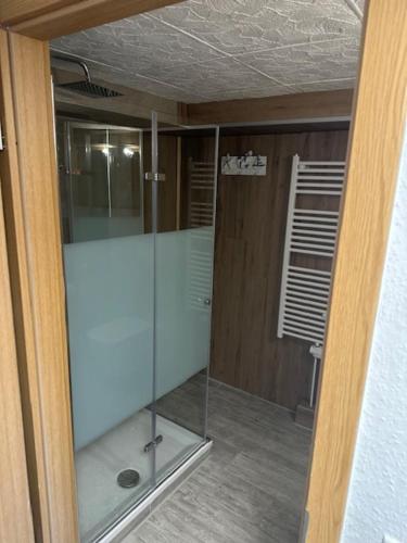 a glass door of a bathroom with a shower at Zum Segler in Rostock