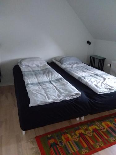 2 Einzelbetten in einem Zimmer mit einem Teppich in der Unterkunft Near Legoland, Skolevej 25, 6640 Lunderskov in Lunderskov