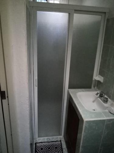 a bathroom with a shower and a sink at Apartamento Vacacional con A/C in Cozumel