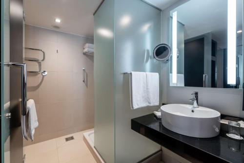 a bathroom with a sink and a shower with a mirror at Radisson Blu Elizabete Hotel, Riga in Rīga