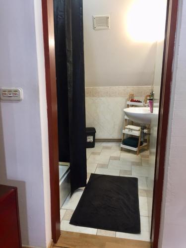 a bathroom with a sink and a black rug on the floor at Hostel Lega House in Osijek
