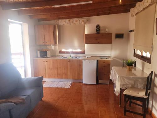 a kitchen with a table and a white refrigerator at Alojamientos Nicasio in Tejeda