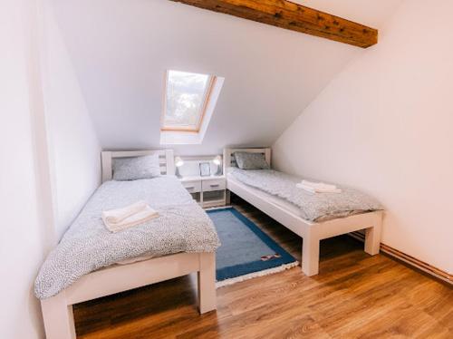 a bedroom with two beds in a attic at Apartman Aleksandar lux in Palić