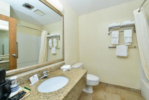 a bathroom with a sink and a toilet and a mirror at Deluxe Inn Wytheville in Wytheville