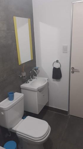 a bathroom with a toilet and a sink and a mirror at DFC Salta Estudio 2p in Salta