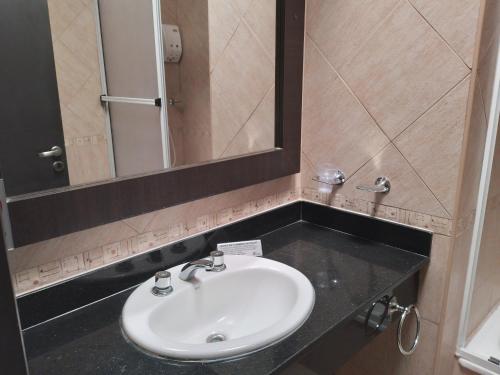 a bathroom with a sink and a mirror at ALBERTI APARTAMENTS in Campana