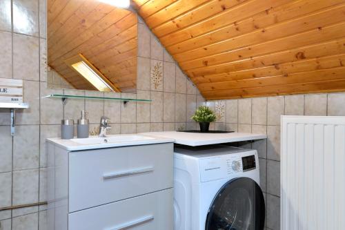 eine Waschküche mit einer Waschmaschine und einem Waschbecken in der Unterkunft AU GRE DES SAISONS in Thannenkirch