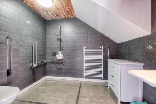 uma casa de banho com um chuveiro e um WC. em Hoeve Megusta em Vlimmeren
