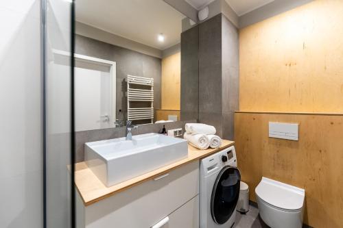 ein Badezimmer mit einem Waschbecken und einer Waschmaschine in der Unterkunft Apartament PINE TREE SurfingBird Dźwirzyno in Dźwirzyno
