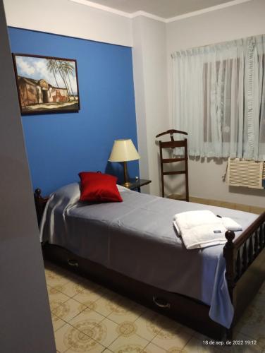 ein blaues Schlafzimmer mit einem Bett mit einem roten Kissen in der Unterkunft Dpto céntrico con estacionamiento in San Miguel de Tucumán