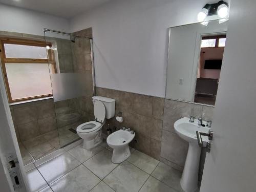 uma casa de banho com um WC e um lavatório em Los Robles Patagonia em Esquel