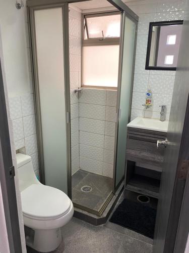 a bathroom with a toilet and a shower and a sink at Hermoso Departamento cerca Foro Sol in Mexico City