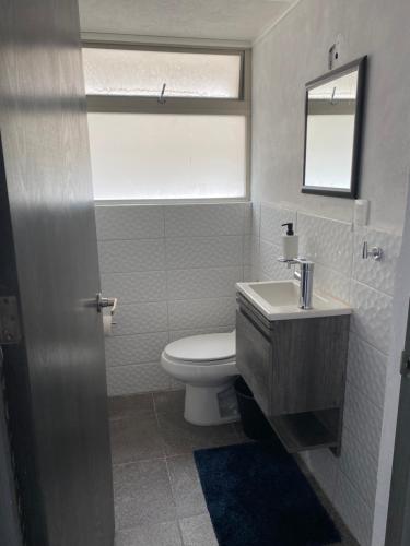 a bathroom with a toilet and a sink and a mirror at Hermoso Departamento cerca Foro Sol in Mexico City
