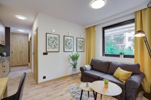 a living room with a couch and a table at Jaśmin Apartamenty in Krynica Zdrój