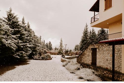 a snow covered yard with trees and a building at Lovely village house in Polydrossos