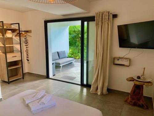 a living room with a television and a couch at LES GITES DE LA RESERVE in Bouillante