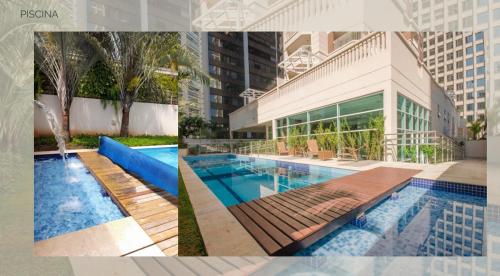 eine Collage mit drei Bildern eines Schwimmbads in der Unterkunft Sky Duplex - Cobertura TOP e Moderna em Condomínio Completo (NOVO) in São Paulo